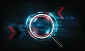 magnifying glass, search concept and futuristic technology background, vector illustration