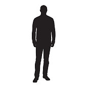 Man standing and waiting, front view, vector silhouette