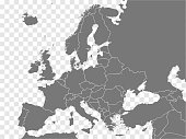 Map Europe vector. Gray similar Europe map blank vector on transparent background.  Gray similar Europe map with borders of all countries and Turkey, Israel, Armenia, Georgia, Azerbaijan. EPS10.
