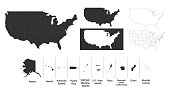 Map of The United States of America USA with territories and Islands. Different map variations for your design. Stock Vector illustration isolated on white background