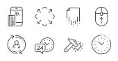 Maximize, 24h service and Time management icons set. Hammer blow, User info and Swipe up signs. Vector