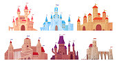 Medieval castle towers. Fairytail mansion exterior, king fortress castles and fortified palace with gate cartoon vector set