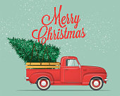 Merry Christmas and Happy New Year Postcard or Poster or Flyer template with  pickup truck with christmas tree. Vintage styled vector illustration.