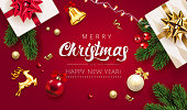 Merry Christmas Red Background with gifts box, green fir tree pine branch, red Christmas ball, golden deer, jingle bell and holly berry. Horizontal Christmas posters, greeting cards, website. Vector