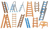 Metal and wooden ladders flat clip illustration art set