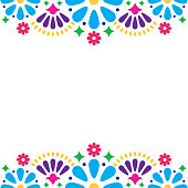 Mexican folk vector wedding or party invitation, floral happy greeting card, colorful design with flowers and abstract shapes