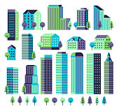 Minimal buildings. Buildings and skyscrapers, commercial offices for modern architectural landscape with trees. City vector constructor
