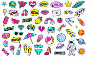 Modern cute colorful patch set. Fashion patches of cherry, strawberry, watermelon, lips, rose flower, rainbow, hearts, comic bubbles etc. Cartoon 80s-90s style.