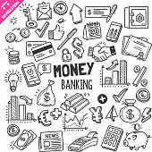 Money and Banking Design elements. Black and White Vector Doodle Illustration Set. Editable Stroke.