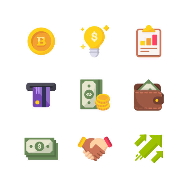 ilustraciones, imágenes clip art, dibujos animados e iconos de stock de dinero y finanzas iconos de vector plano. pixel perfect. para móvil y web. - bolsa de dinero