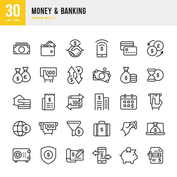 ilustraciones, imágenes clip art, dibujos animados e iconos de stock de dinero y banca - conjunto de iconos de vector de línea - bolsa de dinero