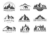 Mountain logo flat vector illustration set, design element sign logo stamp collection of outdoor tourism adventure, life in wilderness