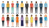 Multicultural group of people. Set of different men and women. Full Height Figures. Young, adult and older peole. European, Asian, African and Arabian People. Diverse Empty Faces. Vector illustration.