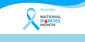 National diabetes month. Vector banner, poster, card for social media with the text November National diabetes month. Illustration with Blue ribbon and logo with a drop of blood.