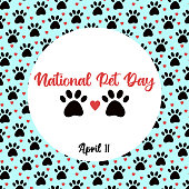 National Pet Day at April 11 greeting card, banner, post, template with round frame. Vector pattern with pet cat and dog paw, hearts.