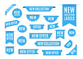 New Collection Offer Tags and Labels. Blue ribbon Banners isolated on white background. Vector Promo Badges For Any Design Projects