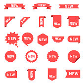 New sticker set labels. Product stickers with offer. New labels or sale posters and banners. Sticker icon with text. Red isolated on white background, vector illustration.