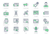 News line icons. Vector illustration included icon as newspaper, mass media, journalist, fake, television broadcasting outline pictogram for online press. Editable Stroke, Green Color