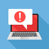 Notification. Laptop and speech bubble with exclamation mark icon on screen. Computer message, warning concepts. Modern flat design graphic elements. Long shadow design. Vector illustration