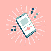 Online Music Player with Note of Music. Playing Mobile Music. Cartoon Style Suitable for Web Landing Page, Banner, Flyer, Sticker, Wallpaper, Card, Background. Flat vector illustration.