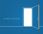 Open door line concept. Blue room logo vector background