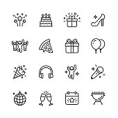 Party Line Icons. Editable Stroke. Pixel Perfect. For Mobile and Web. Contains such icons as Party, Decoration, Disco Ball, Dancing, Nightlife.