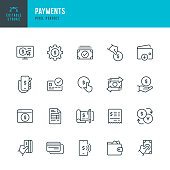 Payments - thin line vector icon set. Pixel perfect. Editable stroke. The set contains icons: Paying, Contactless Payment, Credit Card Purchase, Mobile Payment, Buying, Receiving Payment, Wallet.