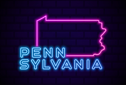 pennsylvania amerikaanse staat gloeiende neon lamp teken realistische vector illustratie blauwe bakstenen muur gloed