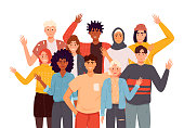 People greeting gesture flat vector illustrations set. Different nations representatives waving hand. Men, women in casual clothes say hello.