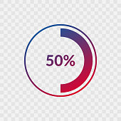 50 percent blue and red gradient pie chart sign. Percentage vector infographic symbol. Circle icon isolated on transparent background, illustration for business, download, web design