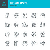 Personal Growth - thin line vector icon set. Pixel perfect. Editable stroke. The set contains icons: Leadership, Learning, Career, Skill, Motivation, Moving Up, Winner, Success, Competition, Ladder of Success.