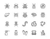 Pest control flat line icons set. Insects - mosquito, spider, fly, cockroach, rat, termite, spray vector illustrations. Outline signs for disinfection service. Pixel perfect 64x64. Editable Strokes