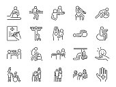 Physical therapy line icon set. Included icons as recovery, body, Nursing Home, take care, hospital, physiology and more.