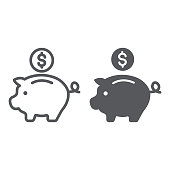 Piggy bank line and glyph icon, finance and banking, investment sign, vector graphics, a linear pattern on a white background.