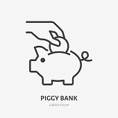 Piggy bank line icon, vector pictogram of hand putting coin into toy piggybank. Save money concept, economy illustration, financial account sign