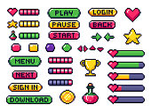 Pixel game buttons. Games UI, gaming controller arrows and 8 bit pixels button vector set