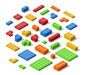 Plastic Colorful Construction Blocks, Bricks and Planes in Isometric Style