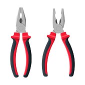 Pliers open and close isolated on white background. Builder, construction and repair hand tools with plastic handles. Realistic pliers