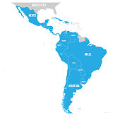 Political map of Latin America. Latin american states blue highlighted in the map of South America, Central America and Caribbean. Vector illustration