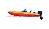 Power Boat, Speedboat with Outboard Motor, Modern Nautical Motorized Transport Vector Illustration
