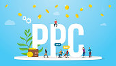 ppc pay per click concept advertising business affiliate with big words and team people with money falling from sky - vector