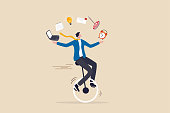 Productive master, productivity and project management skill, multitasking work and time management concept, skillful businessman riding unicycle juggling elements, laptop, calendar, ideas and emails.