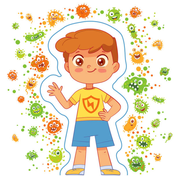 protecting children from the virus. funny cartoon character - immune stock illustrations