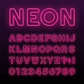 Purple neon tube alphabet font. Neon color letters.