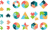 Puzzle collection. Business different jigsaw round and square geometrical forms tags puzzle pieces vectors