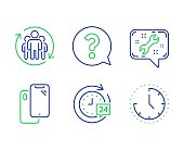 Question mark, 24h delivery and Teamwork icons set. Smartphone, Spanner and Time signs. Vector