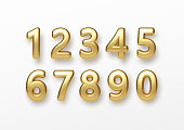 Realistic 3d lettering numbers isolated on white background. Golden numbers set. Decoration elements for banner, cover, birthday or anniversary party invitation design. Vector illustration