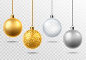 Realistic christmas tree toys. Golden with glitter, silver and transparent glass balls christmas decoration Vector isolated 3d set