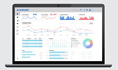 Realistic dark laptop mock up with analytics dashboards. Charts and graph. Business, financial and digital marketing account administrative panel.