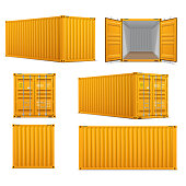Realistic set of bright yellow  cargo containers.   Front, side back and perspective view.
